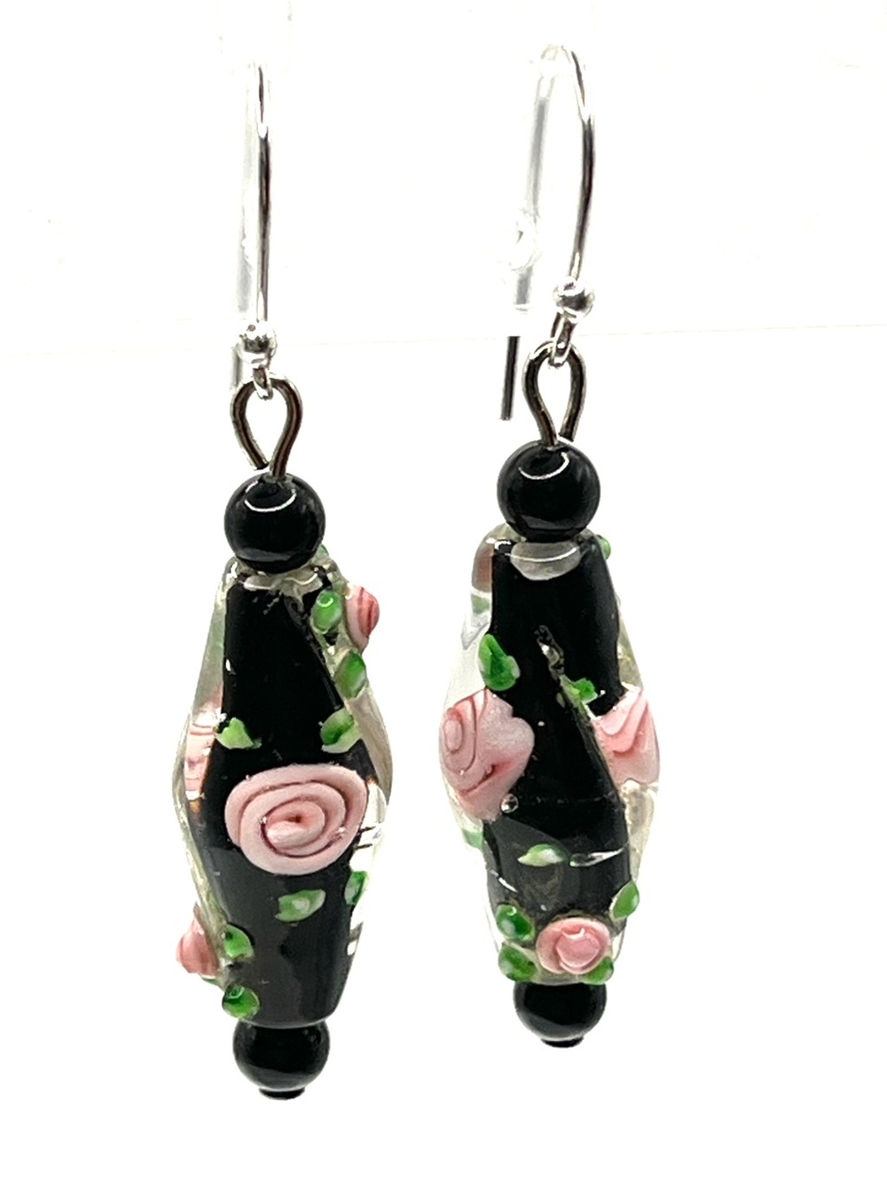 Artisan Black Glass Drop Earrings with Pink Roses & Green Dots Dangle Drop
